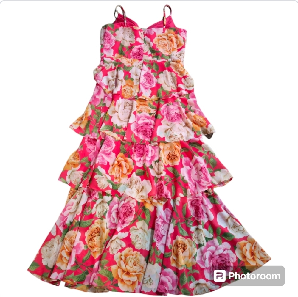 NWT Eliza J Floral Tiered Maxi Dress 16 Pink V-Neck Ruffle Chiffon Gown Wedding - Picture 6 of 14